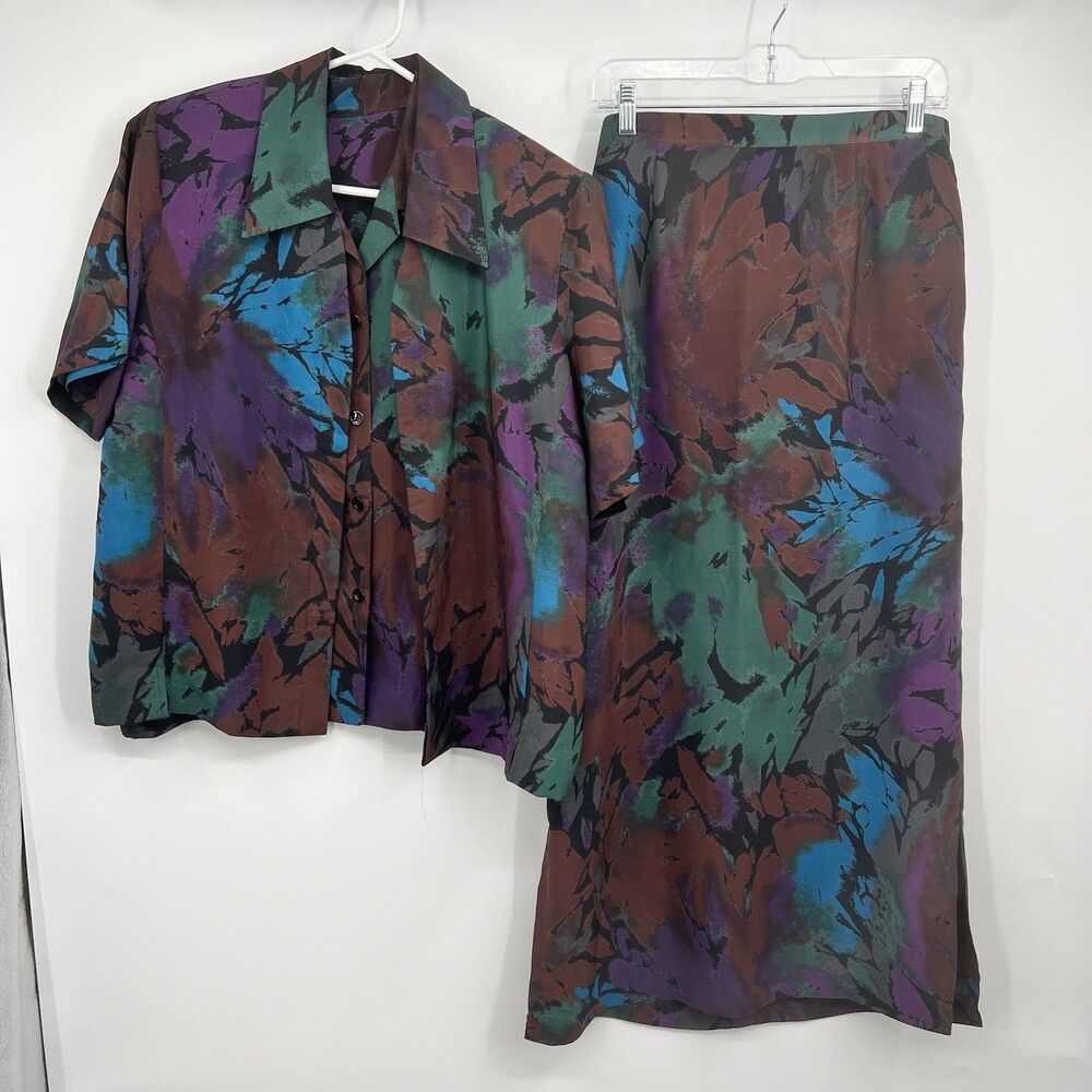 Womens VTG Art Deco 2 Piece Outfit Blouse Skirt Business Career Hawaiian 1980’s